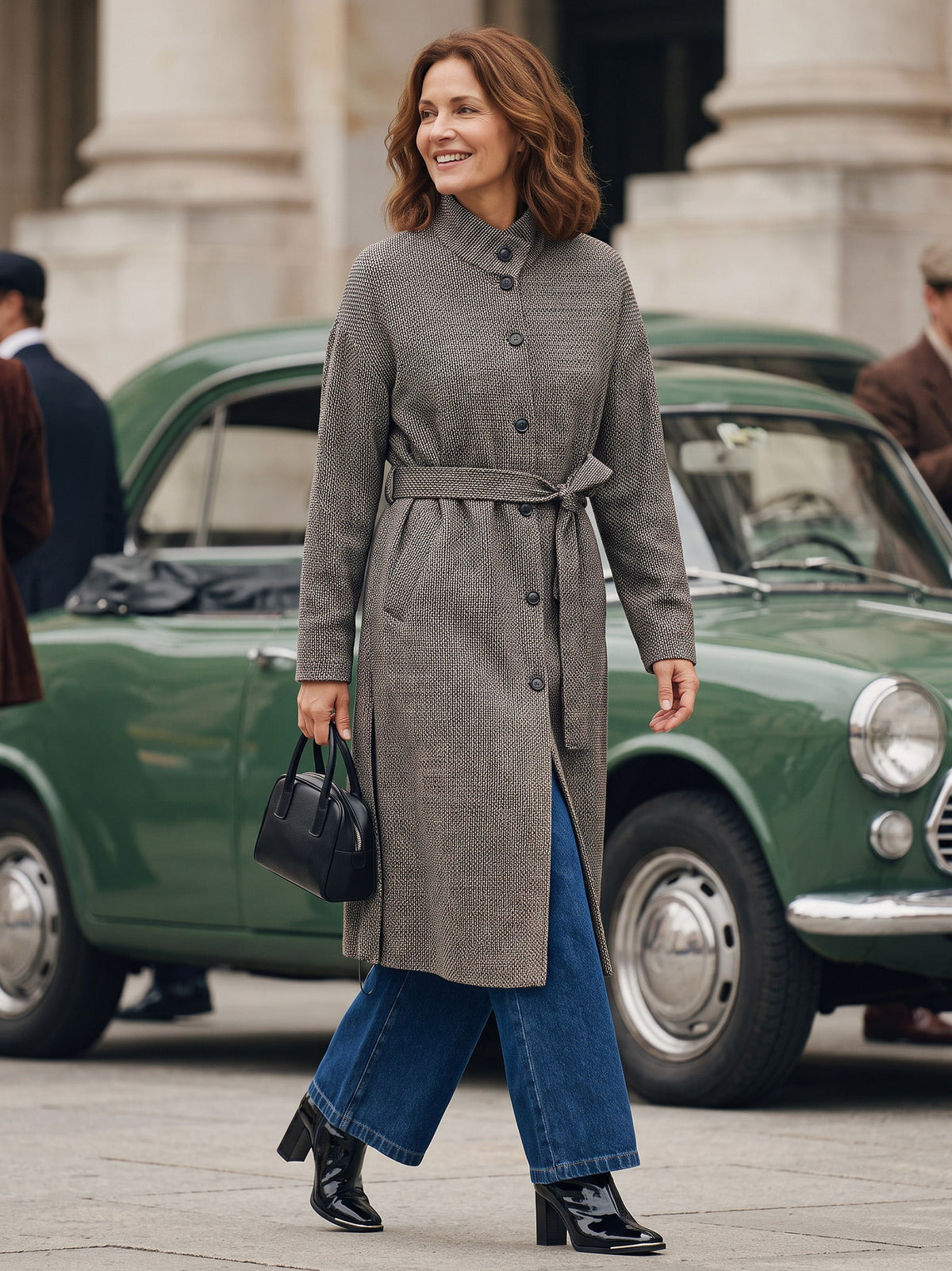 Model wearing Linen Yarn Dyed Check Belted Long Coat BELLADONNA in Charcoal Weave