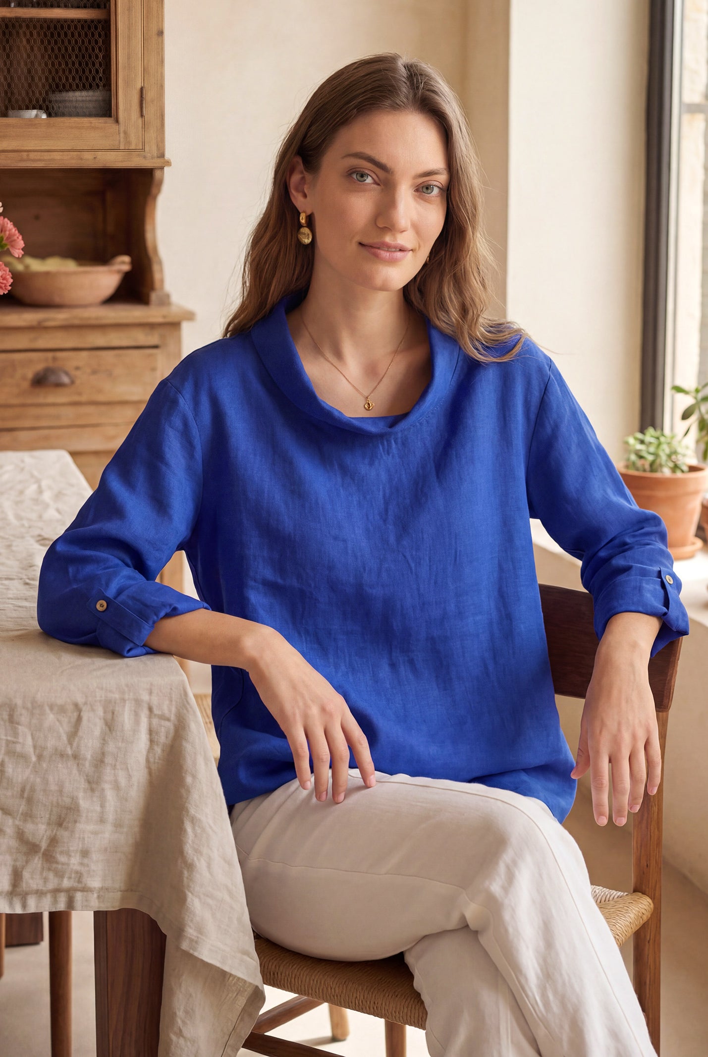 100% Linen Draped Neck Top HOLLIS by LINTICO for women