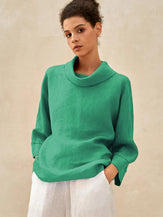 Linen-Cotton Dropped Collar Long-Sleeve Top TRISTAN - Irish Green / S - TOPS-Linen Blouses