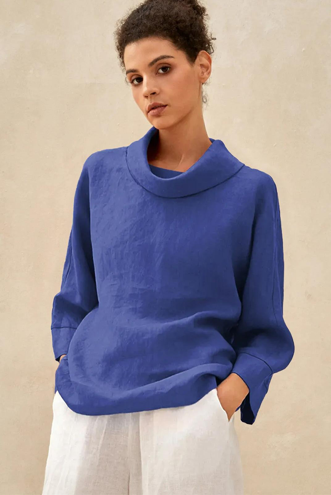 100% Linen Dropped Collar Long-Sleeve Top TRISTAN - TOPS-Linen Blouses