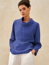 Linen-Cotton Dropped Collar Long-Sleeve Top TRISTAN - TOPS-Linen Blouses