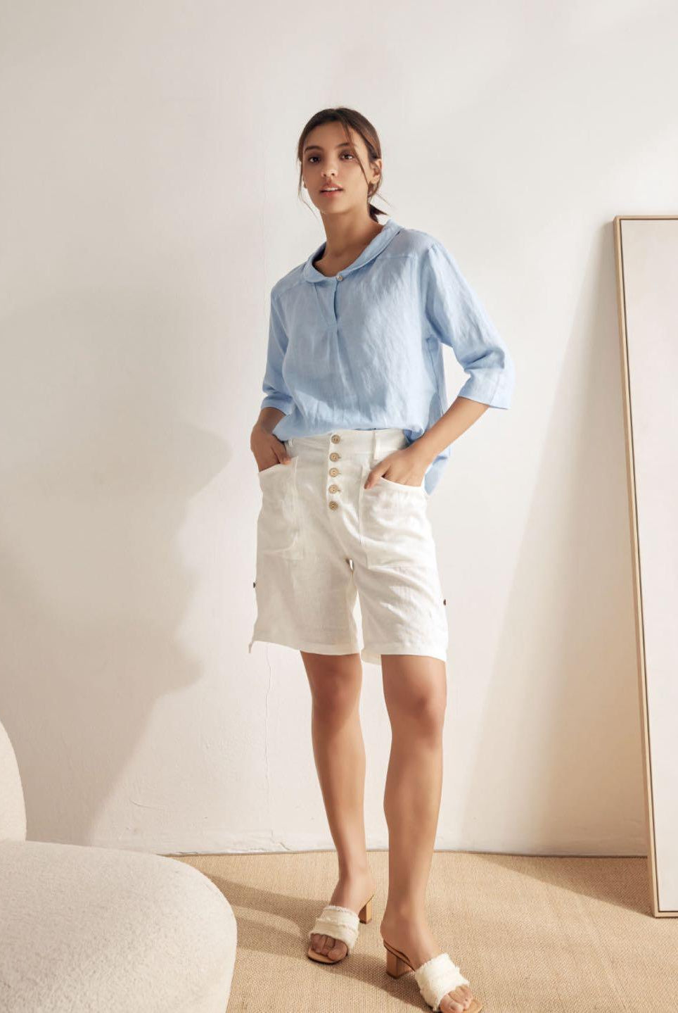 JADE 100% Linen Shawl V-Neck Half Sleeve Top - TOPS-Linen Blouses