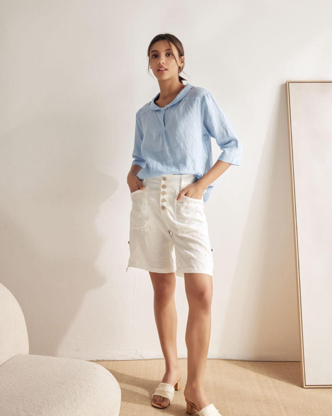 100% Linen Stripe Shawl V-Neck Half Sleeve Top - TOPS-Linen Blouses