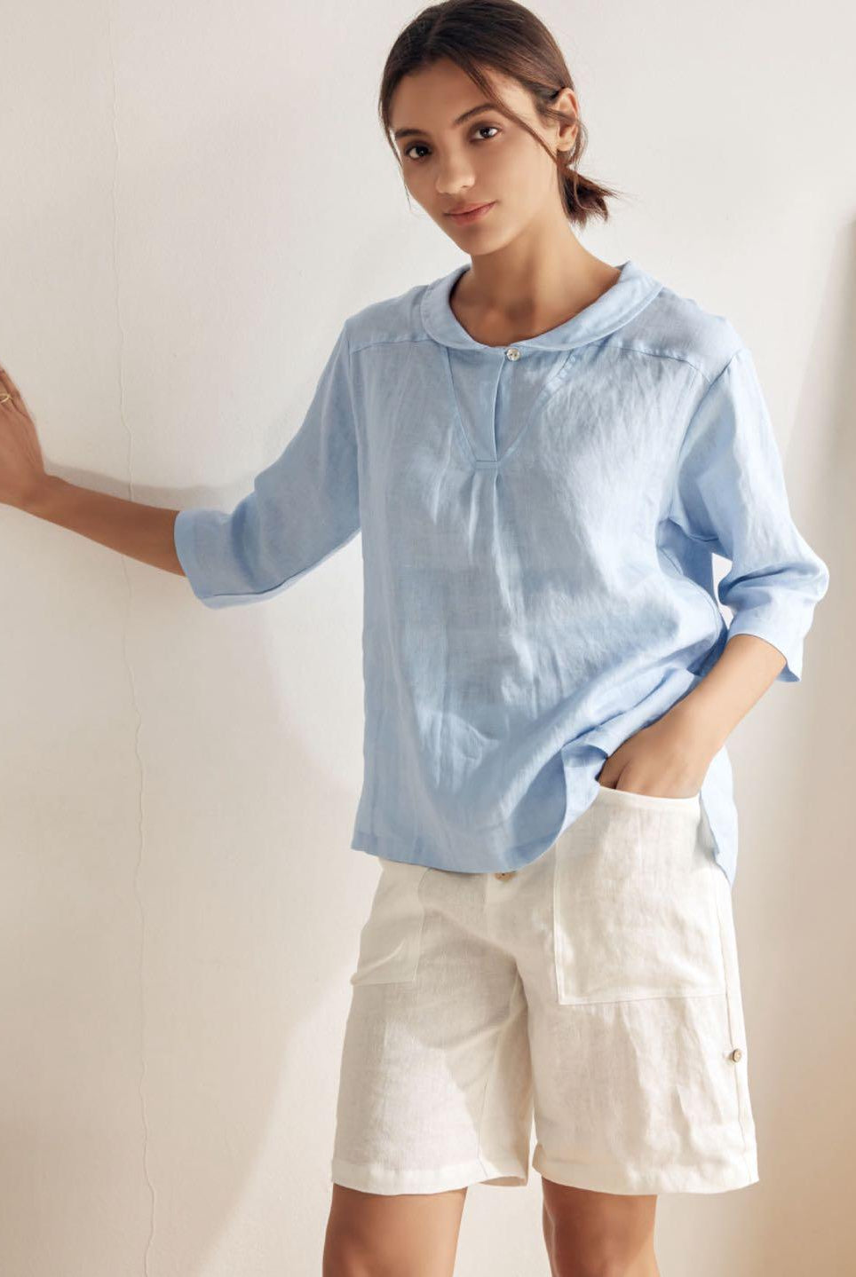 JADE 100% Linen Shawl V-Neck Half Sleeve Top - TOPS-Linen Blouses