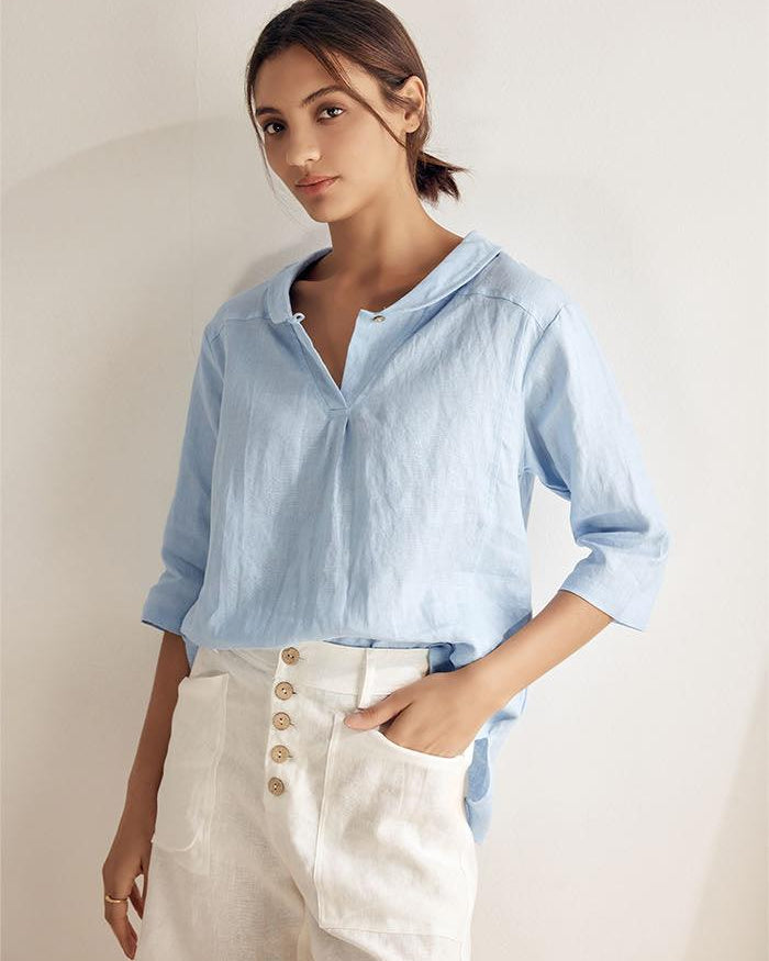 JADE 100% Linen Shawl V-Neck Half Sleeve Top - TOPS-Linen Blouses