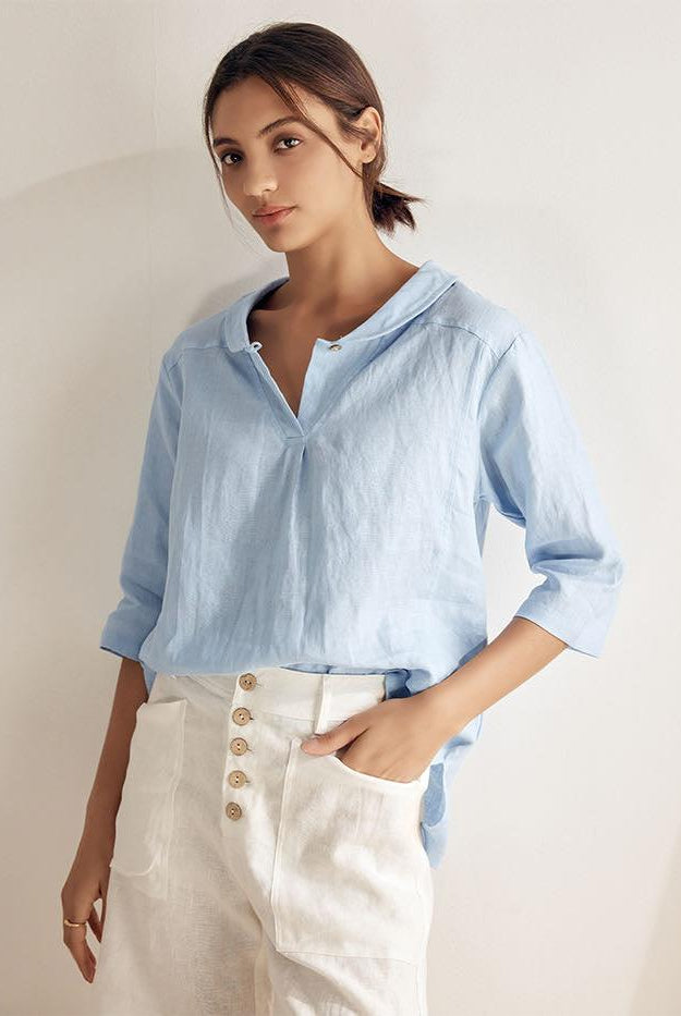 JADE 100% Linen Shawl V-Neck Half Sleeve Top - TOPS-Linen Blouses