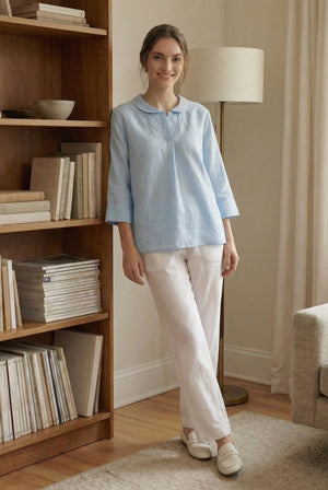 100% Linen Shawl V-Neck Half Sleeve Top JADE by LINTICO for women