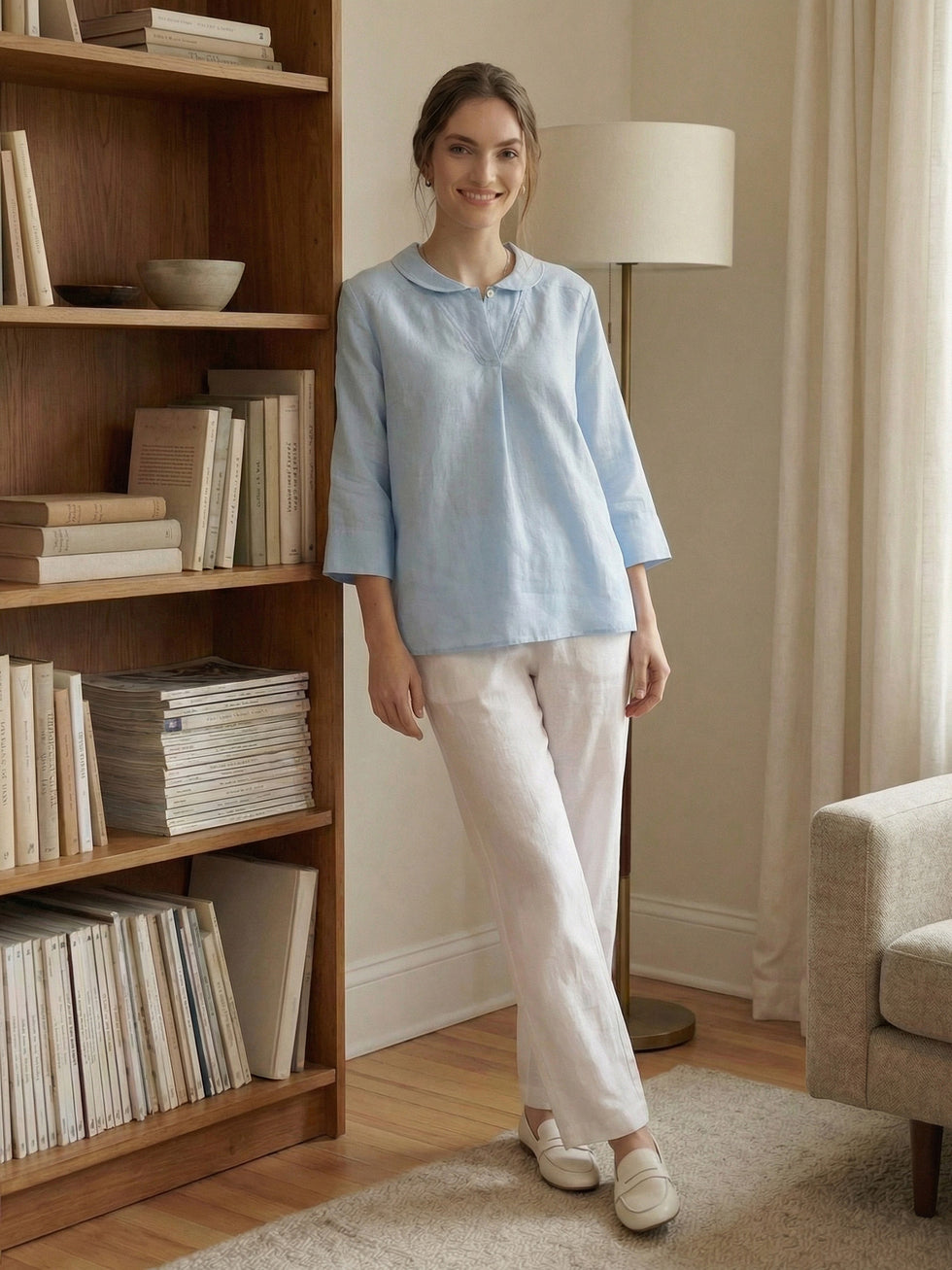 100% Linen Shawl V-Neck Half Sleeve Top JADE by LINTICO for women