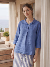 100% Linen Shawl V-Neck Half Sleeve Top JADE by LINTICO for women