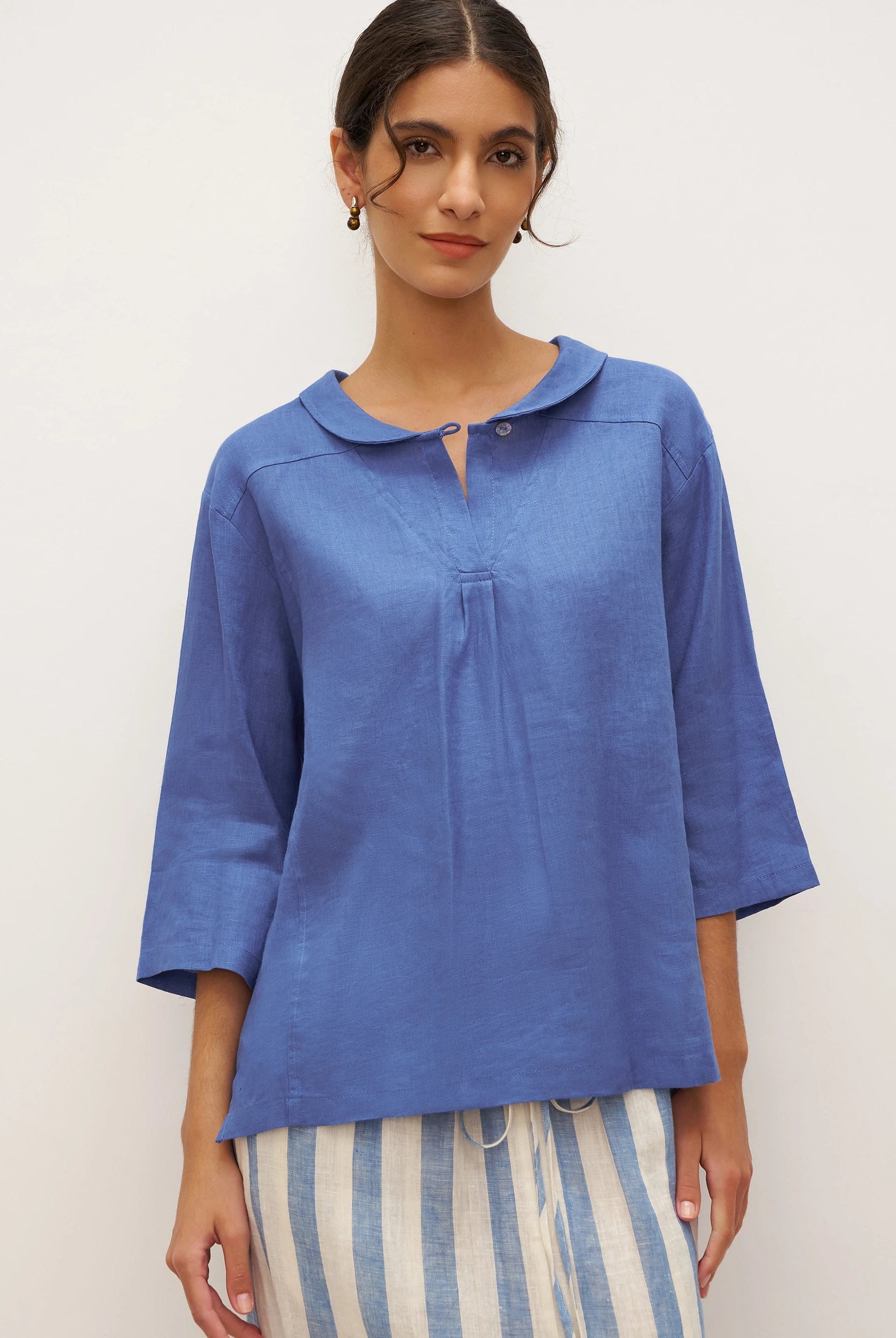 JADE 100% Linen Shawl V-Neck Half Sleeve Top - TOPS-Linen Blouses