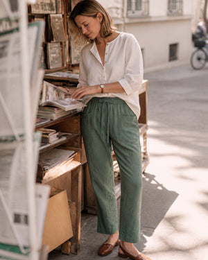 Green 100% Linen Drawstring Utility Ankle Pants AMELINE by LINTICO