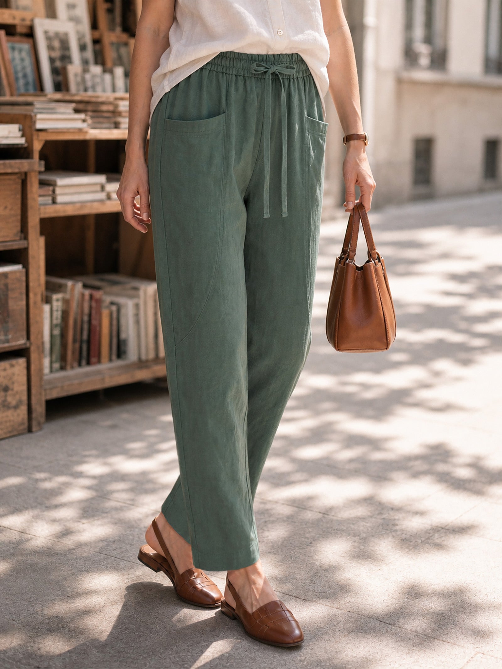 Green 100% Linen Drawstring Utility Ankle Pants AMELINE by LINTICO