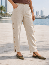 100% Linen Wood Button Slit Hem Ankle Pants ALBA by LINTICO