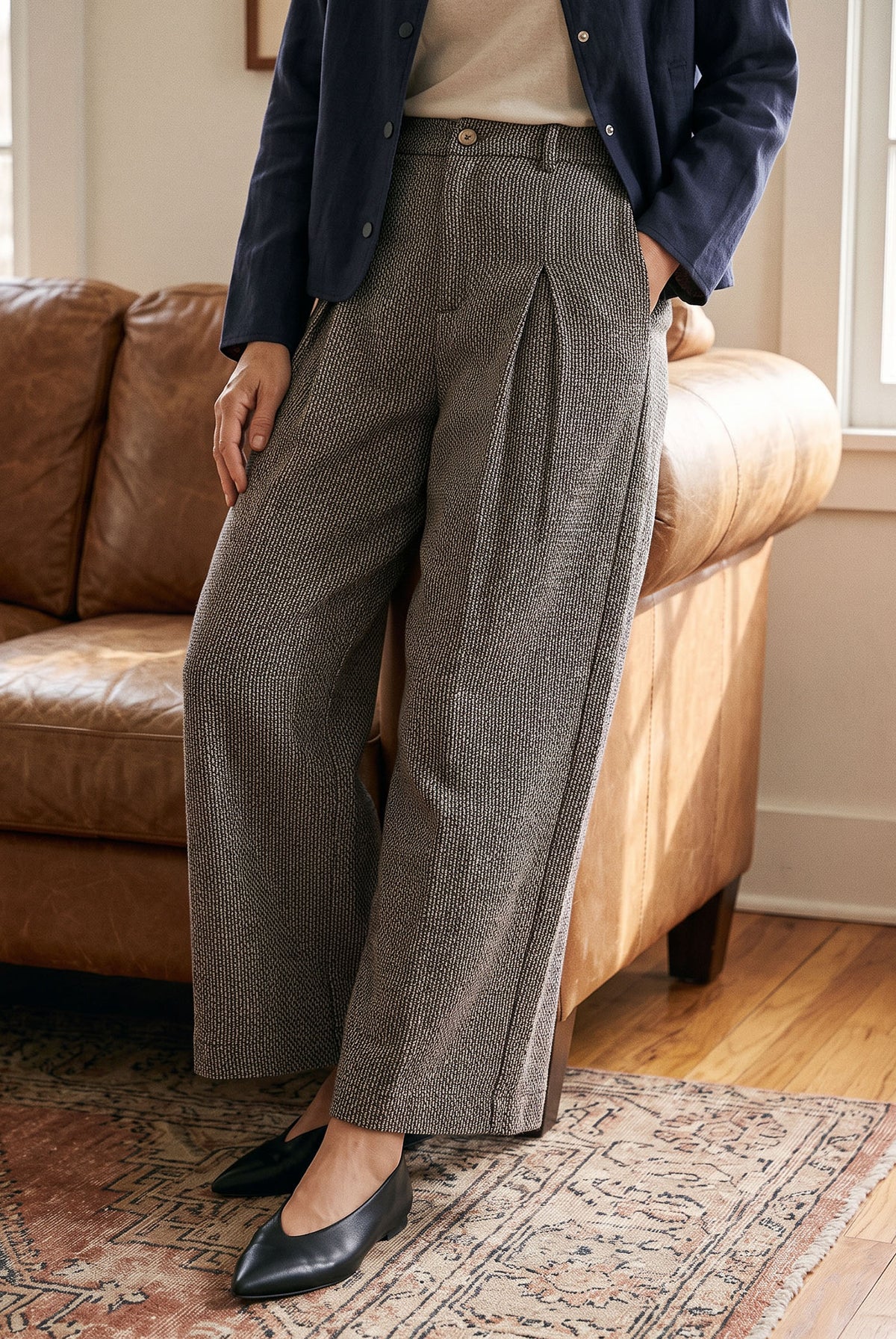 Linen Yarn Dyed Check Pleated Wide Leg Pants DELARA