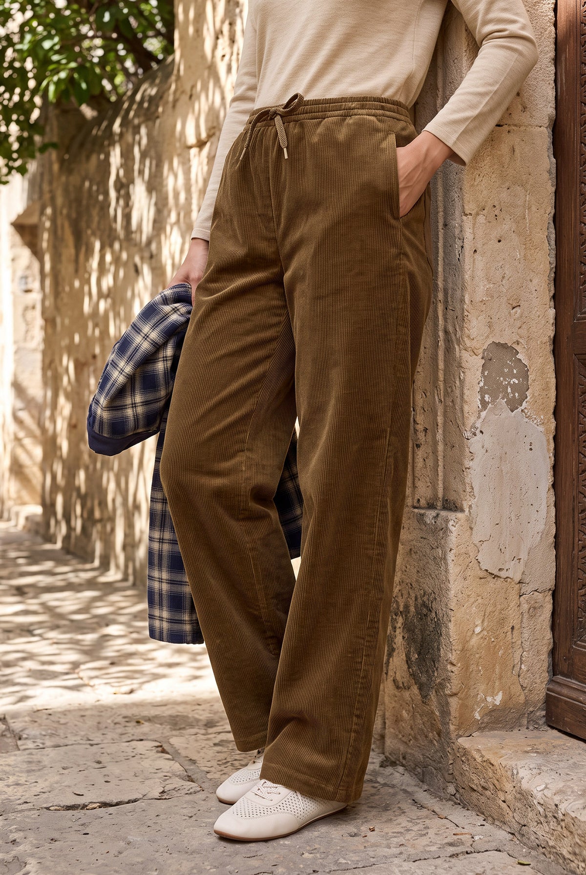 Cotton Corduroy Drawstring Waist Straight Leg Pants ALORA in Walnut Brown