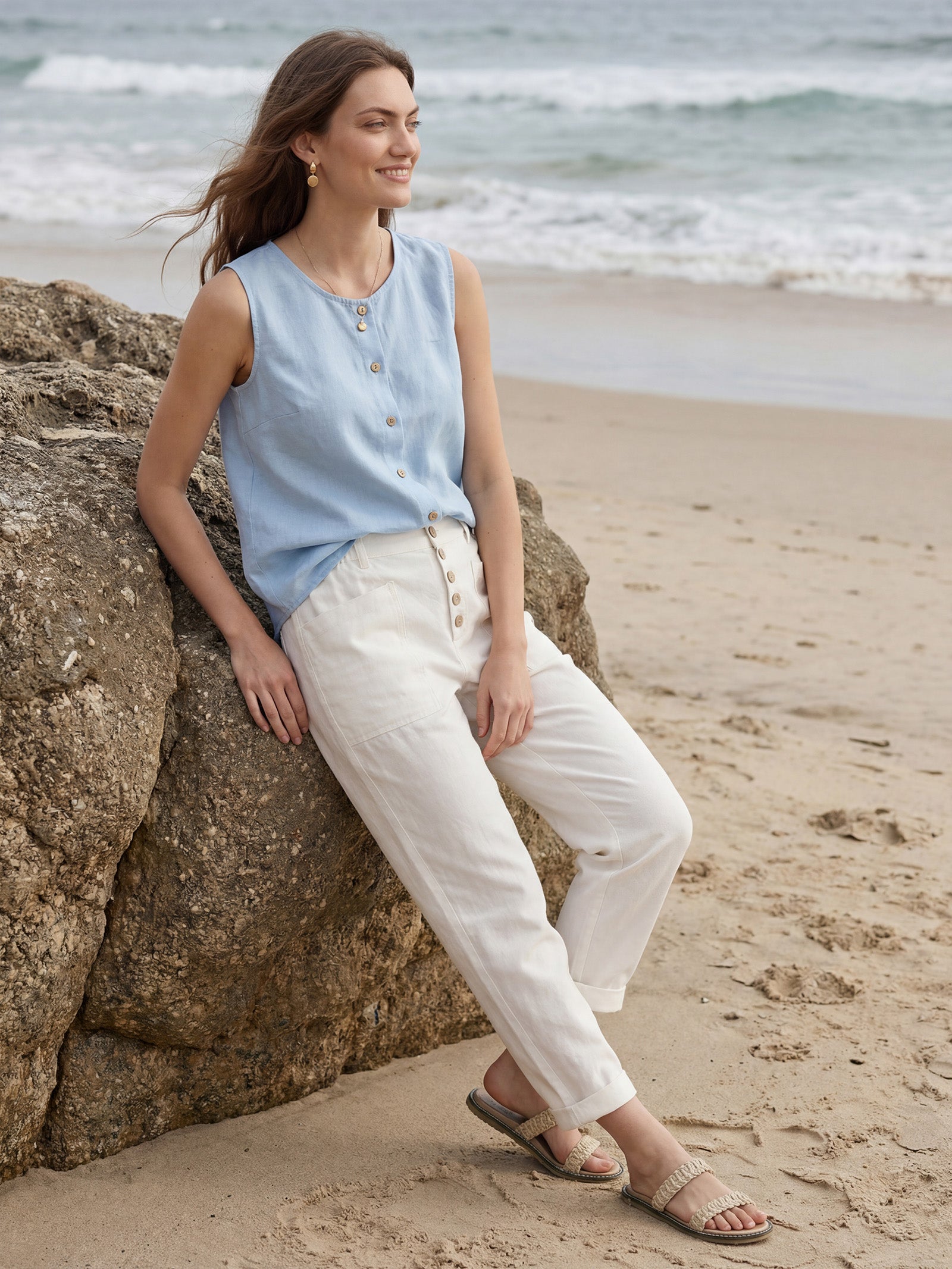 Linen Simple Button Fly Trousers HEIDI by LINTICO for women