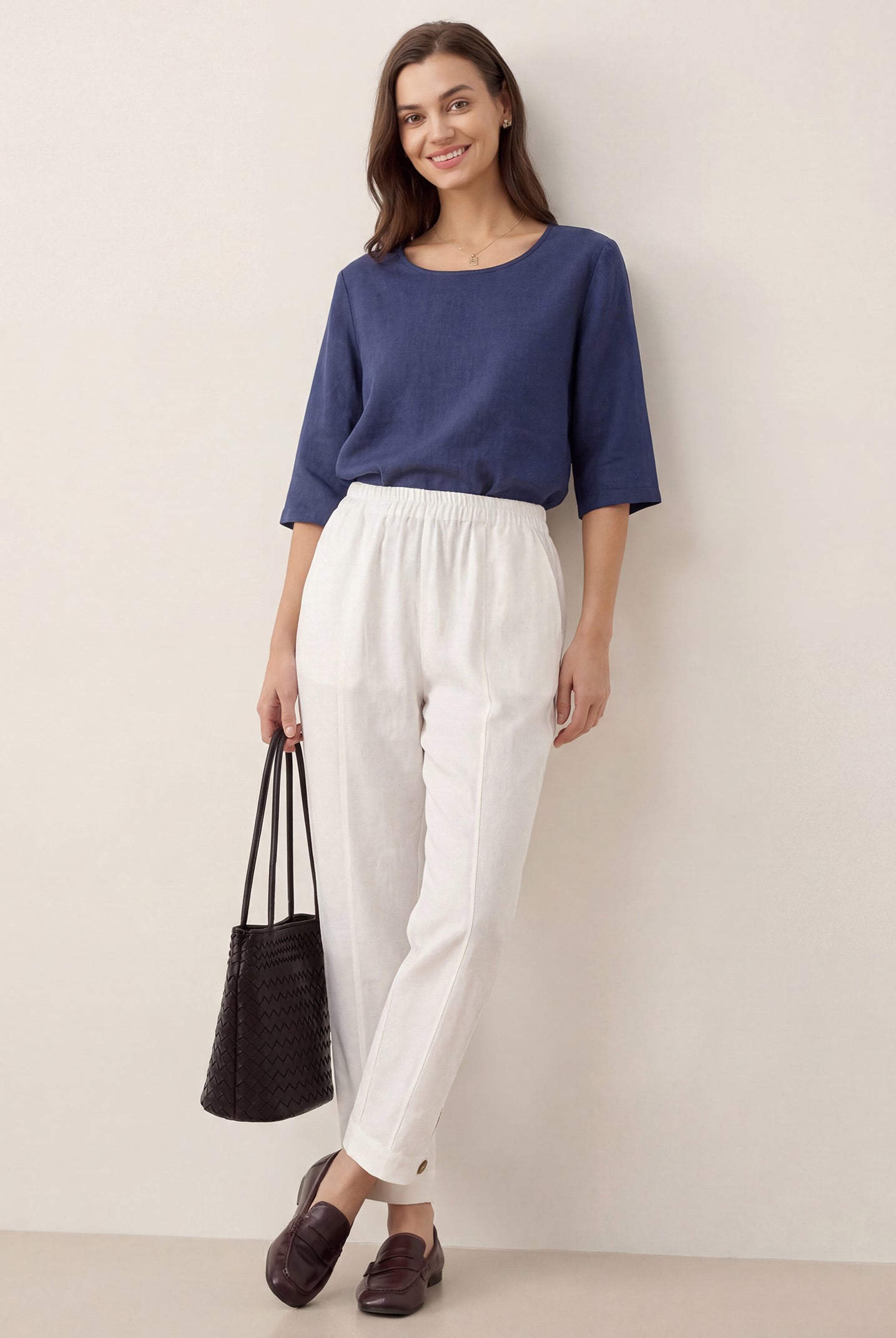 100% Linen Straight-Leg Pants with Elastic Waist PATRICE by LINTICO for women