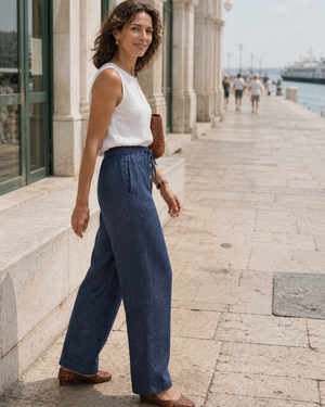 100% Linen Denim Texture Elastic Waist Straight Leg Pants HAZEL by LINTICO