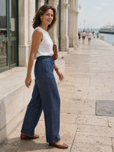 100% Linen Denim Texture Elastic Waist Straight Leg Pants HAZEL by LINTICO