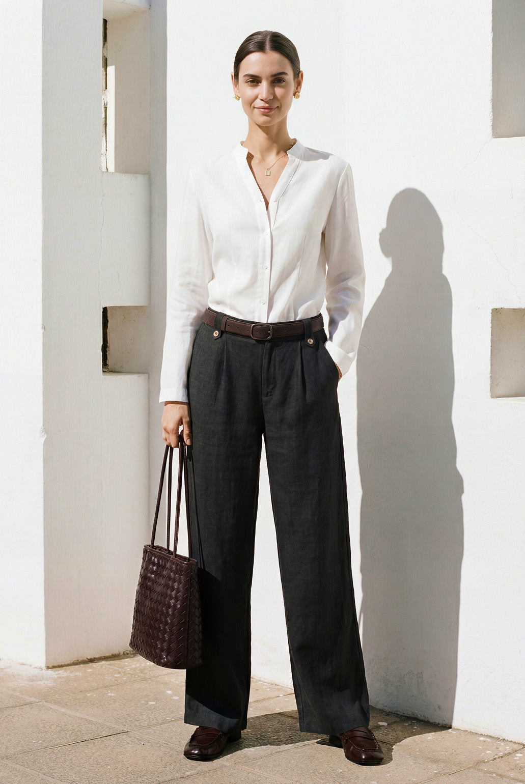 Linen-Lyocell Pleated Wide Leg Trousers with Back Elastic & Button Detail AISLING by LINTICO for women