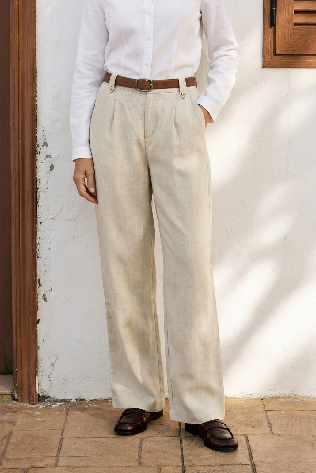 Linen-Lyocell Pleated Wide Leg Trousers with Back Elastic & Button Detail AISLING by LINTICO for women