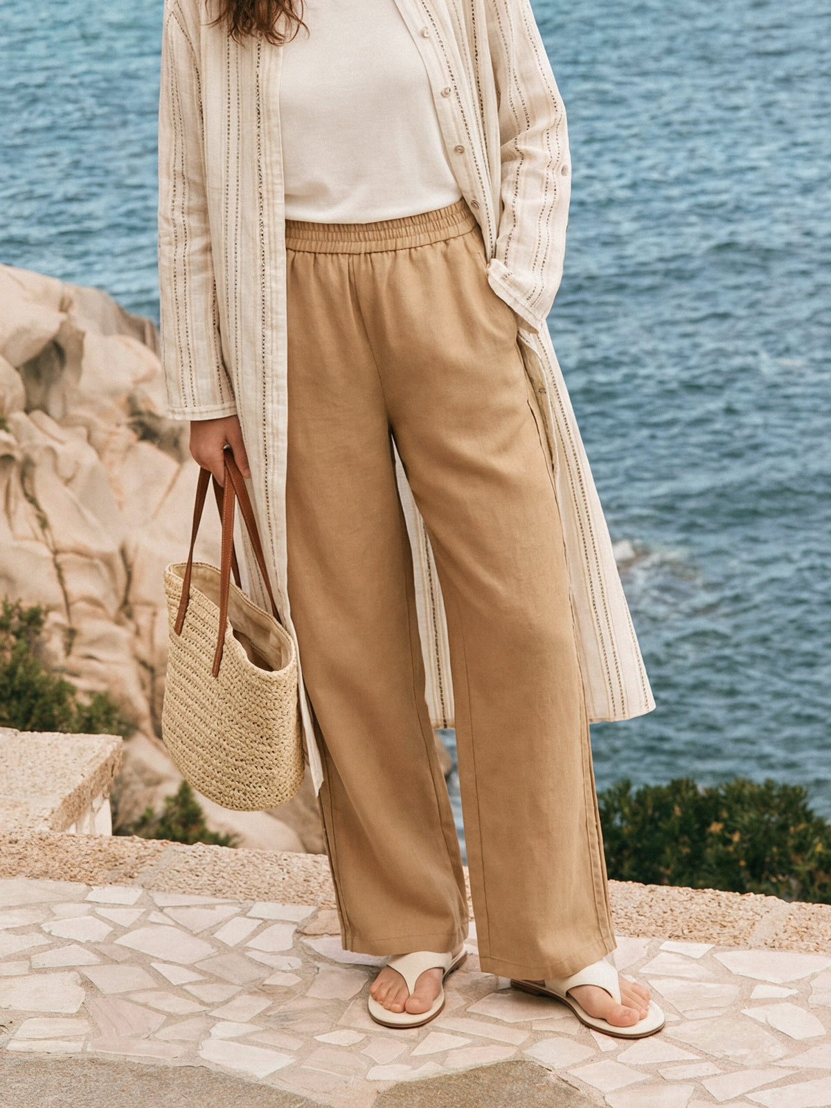 Pantalon large en 100% lin ajouré LEONTINE de LINTICO pour femme