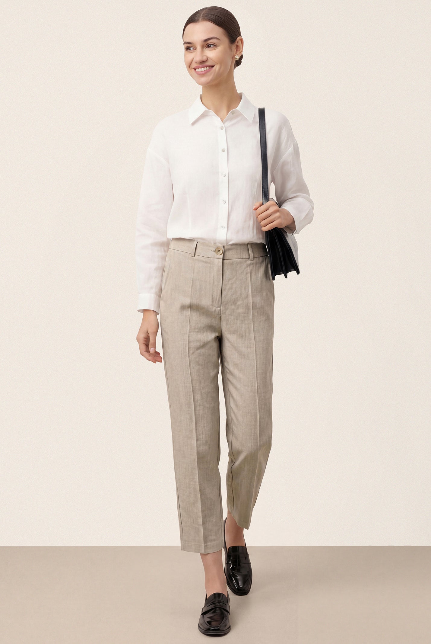 Linen Tailored Straight Cropped Pants LOGAN by LINTICO for women