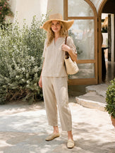 100% Linen Drawstring Waist Tapered Cropped Pants LANEY by LINTICO for women