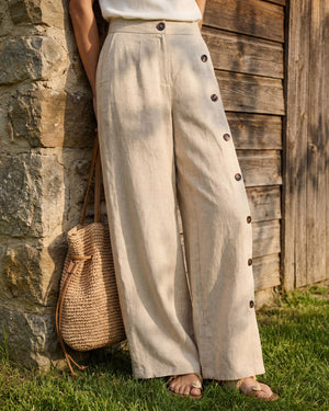 100% Linen Buttoned Slit-Hem Pants KATYA by LINTICO for women