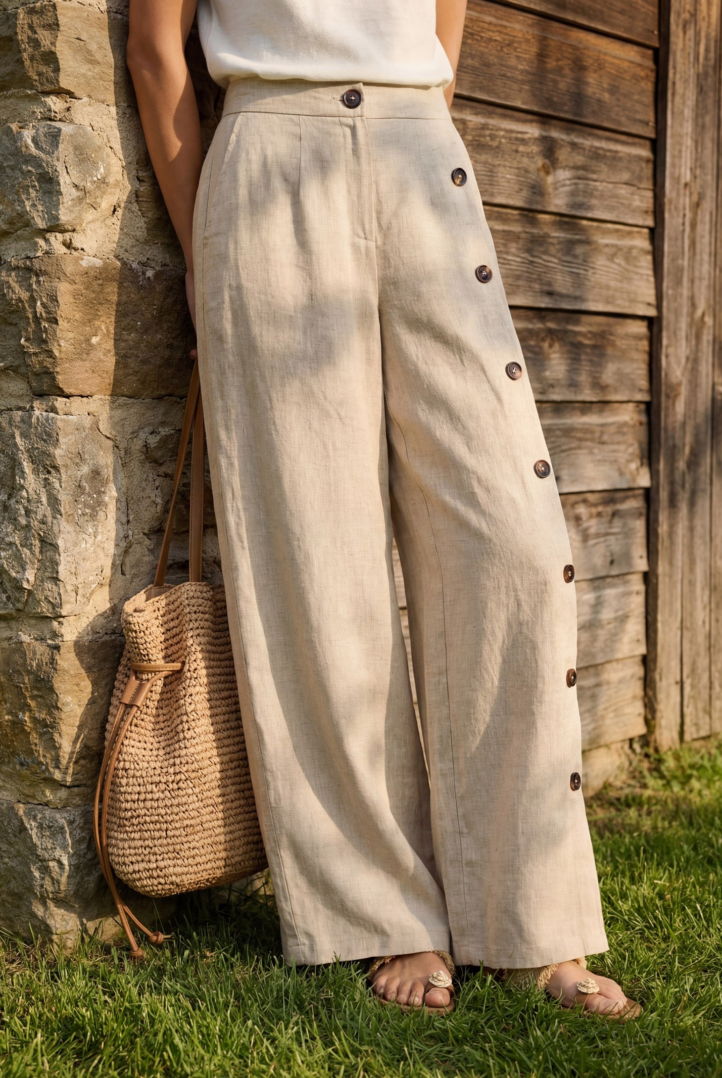 100% Linen Buttoned Slit-Hem Pants KATYA by LINTICO for women