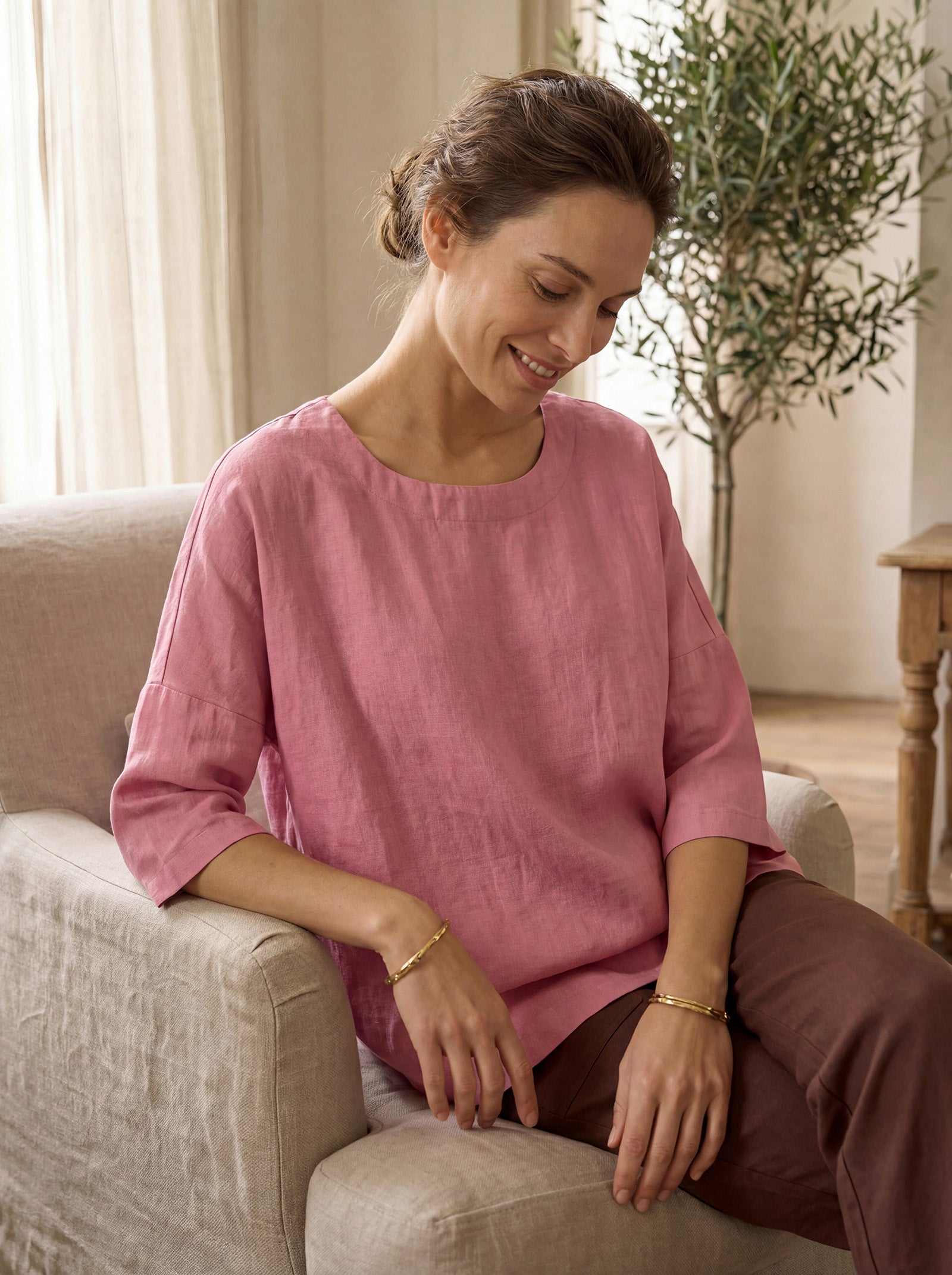 100% Linen Boatneck 3/4 Length Sleeve Top AURORA by LINTICO for women