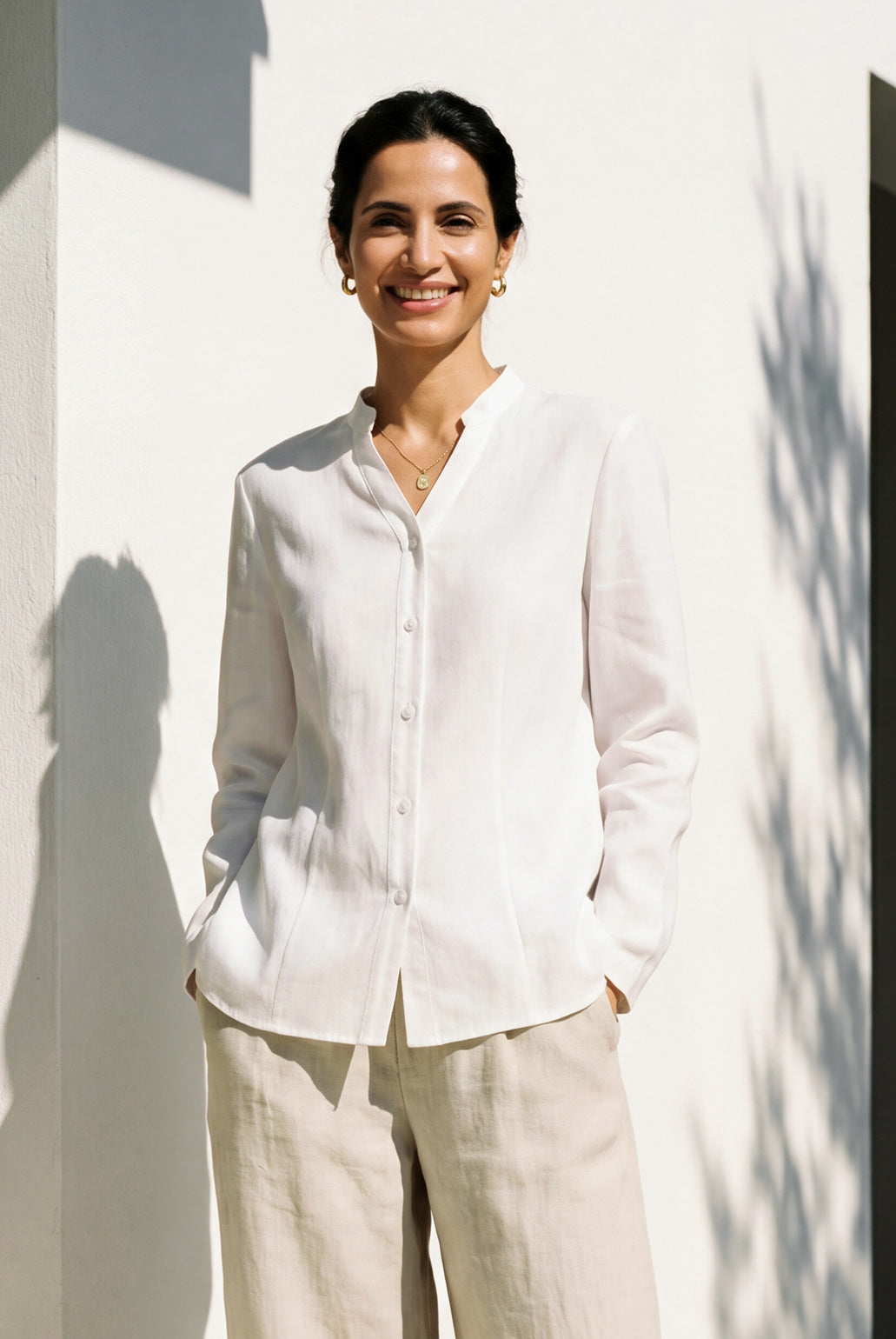 Linen-Lyocell Mandarin Collar Fitted Seam Shirt THORA by LINTICO for women