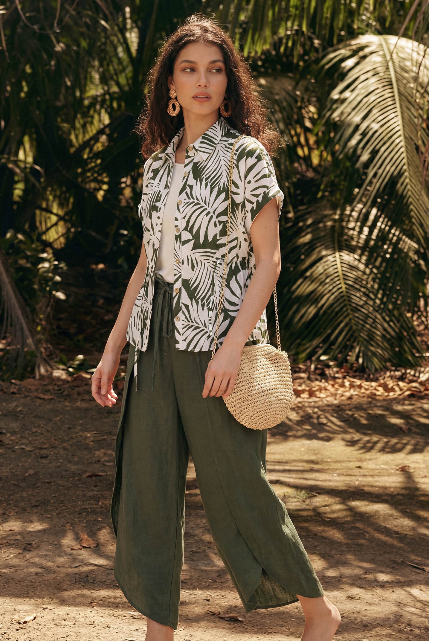 Linen Palm Print Drawstring Waist Cuffed Sleeve Shirt HILDEGARD by LINTICO for women