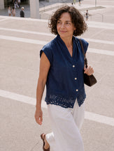 Blue 100% Linen Scalloped Lace Hem Sleeveless Shirt ALVINA by LINTICO