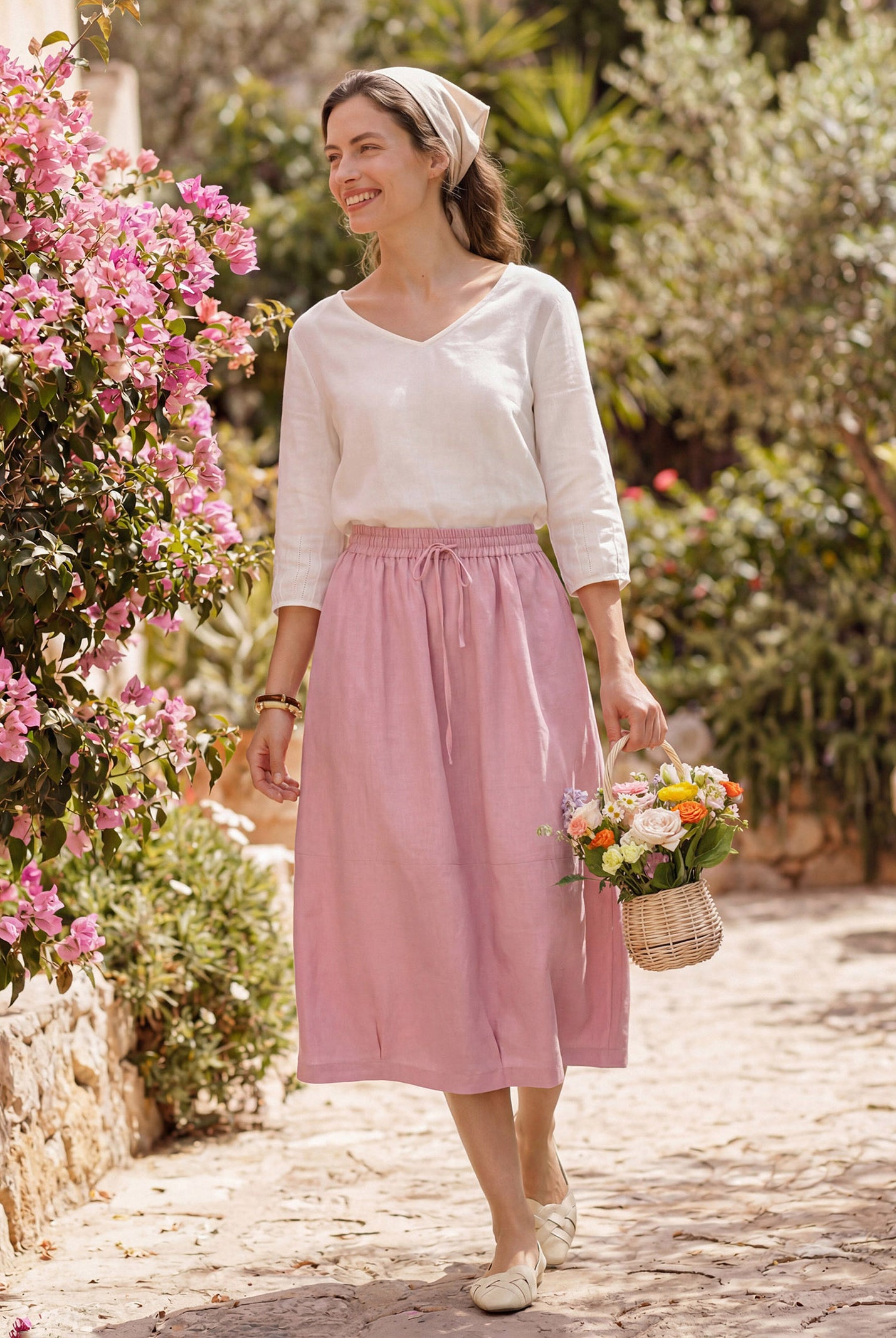 100% Linen Drawstring Lantern Maxi Skirt with Pockets ROXANNE by LINTICO for women