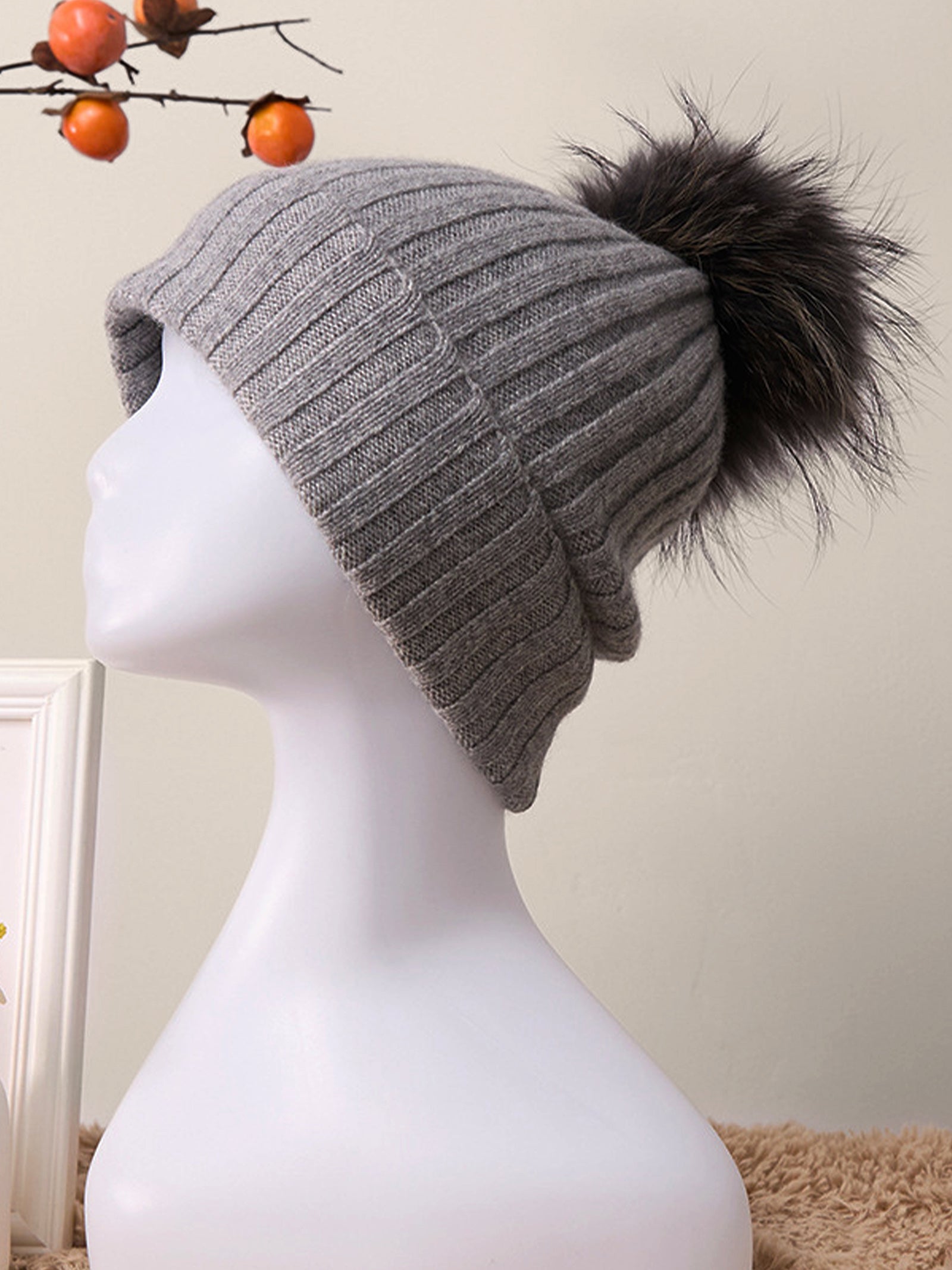 100% Cashmere Rib-Knit Slouchy Beanie With Pom-Pom by LINTICO for women