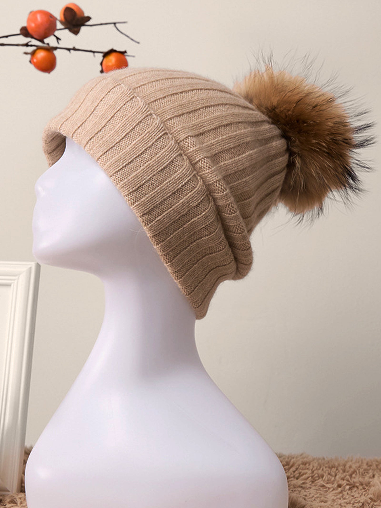 100% Cashmere Rib-Knit Slouchy Beanie With Pom-Pom by LINTICO for women