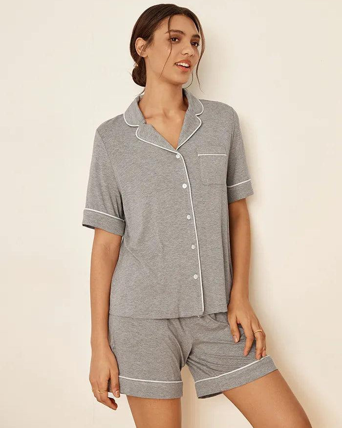 Short Sleeve Bamboo Pajama Set ODESSA - Cloud Grey / Tops / S - LOUNGEWEAR-Bamboo PJS
