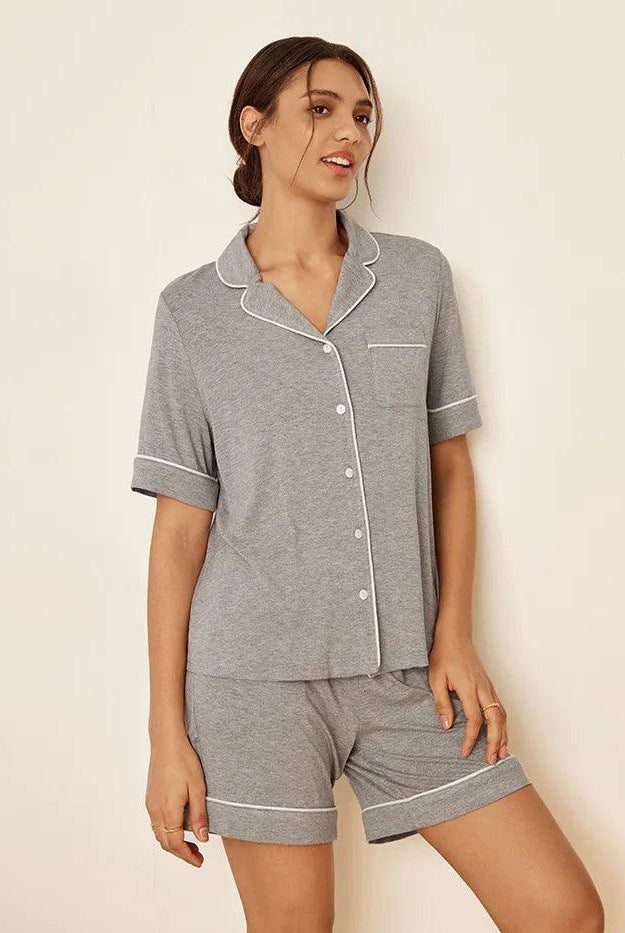Short Sleeve Bamboo Pajama Set ODESSA - Cloud Grey / Tops / S - LOUNGEWEAR-Bamboo PJS