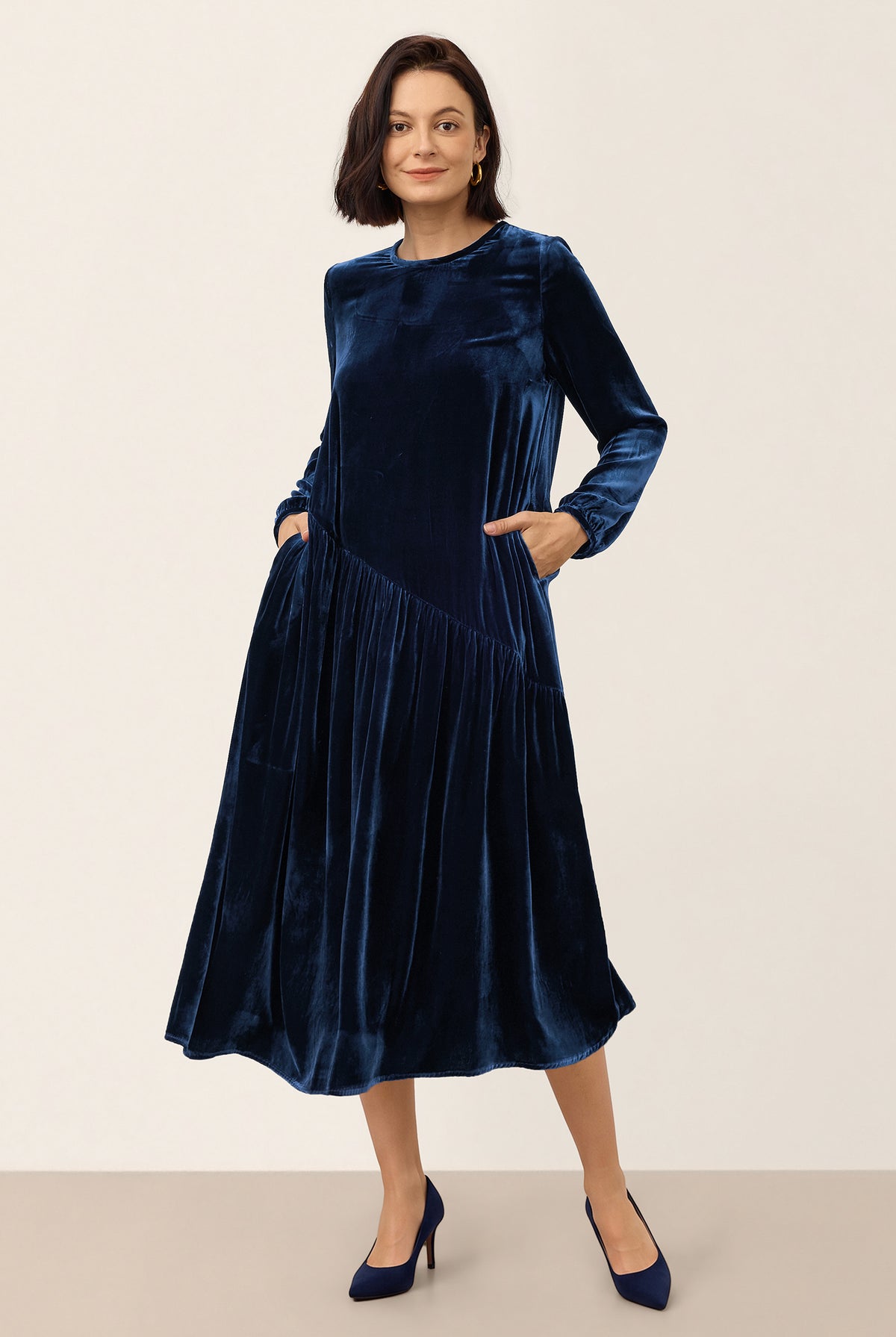 Blue Silk Draped Pleat Relaxed Midi Dress ZELARA