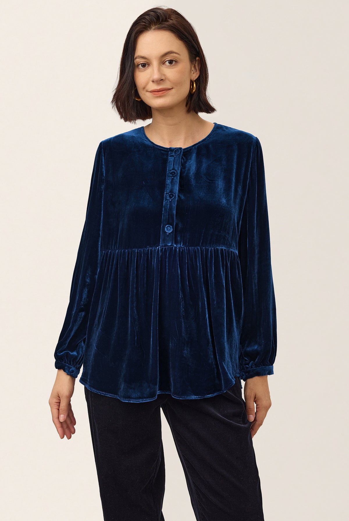 Blue Silk Velvet Gathered Waist Half Placket Top MIRELLE