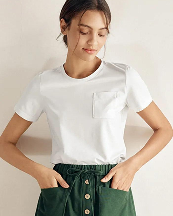 Stretch-Knit Bamboo Classic Basic Tee BELLE - Optic White / Crew Neck / S - TOPS-Bamboo Tees