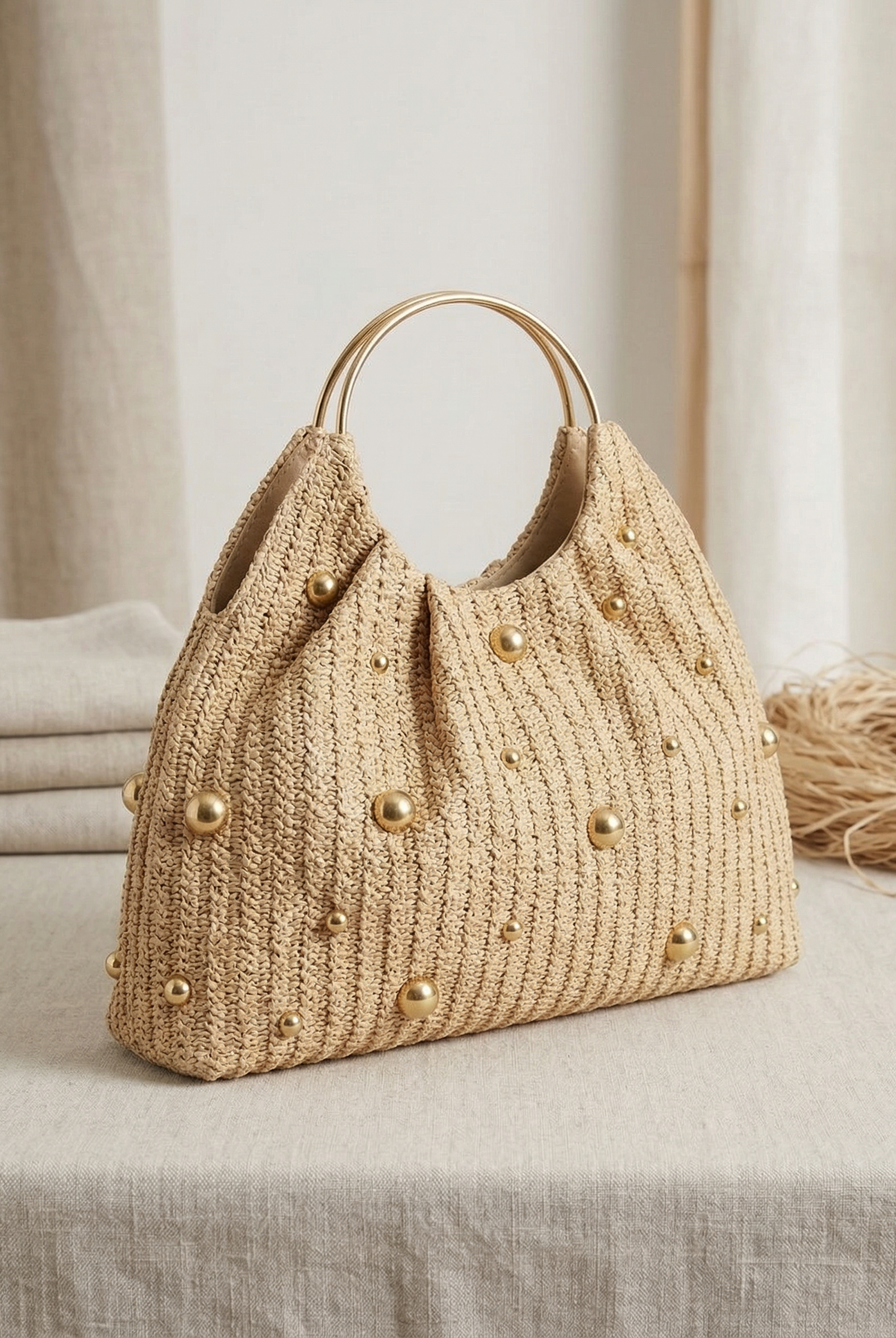 Artisanal Studded Handwoven Raffia Bag with Sculptural Gold Ring Handle by LINTICO for women