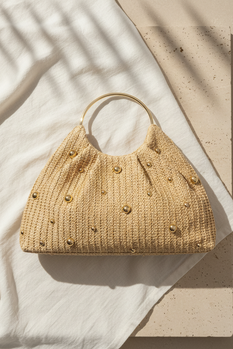 Artisanal Studded Handwoven Raffia Bag with Sculptural Gold Ring Handle by LINTICO for women