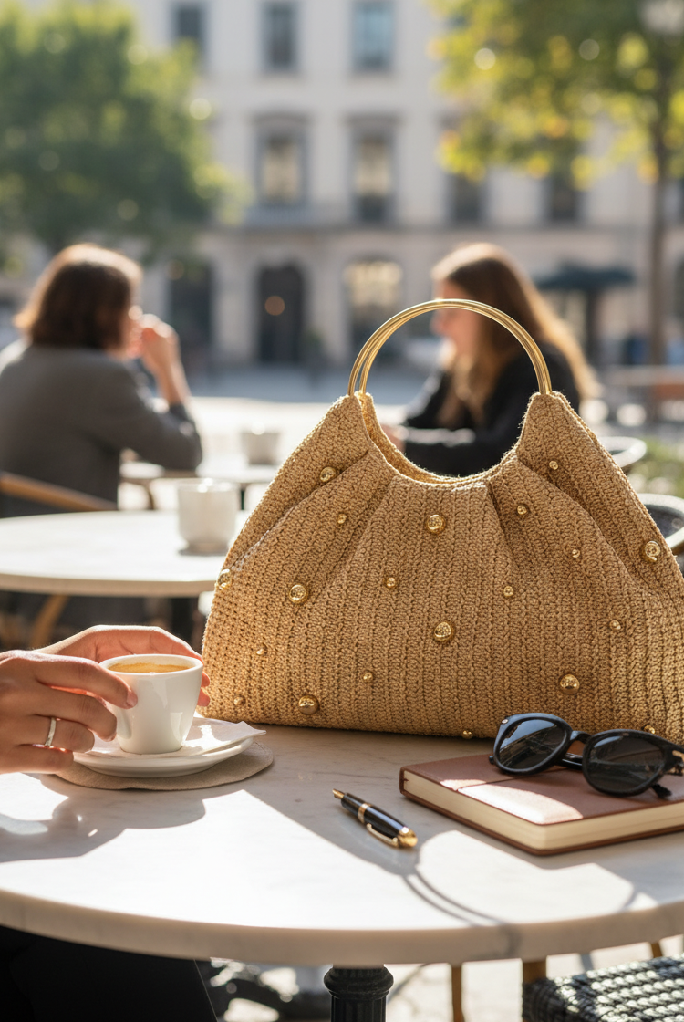 Artisanal Studded Handwoven Raffia Bag with Sculptural Gold Ring Handle by LINTICO for women