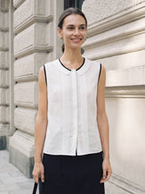 Linen-Lyocell Contrast Trim Pleated Sleeveless Top JUNIPER by LINTICO for women