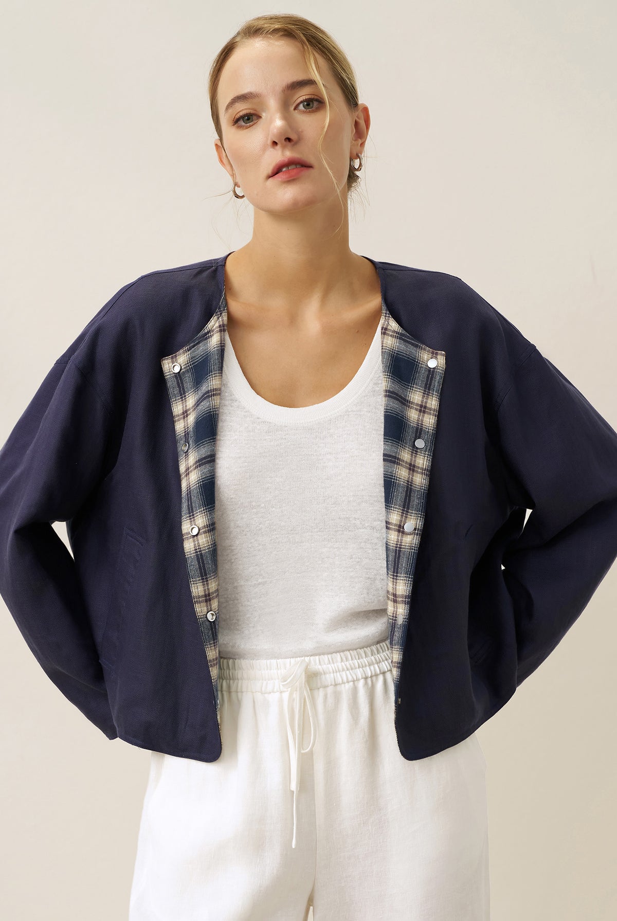 Tencel Linen Reversible Crew Neck Casual Jacket CHLOE by LINTICO for women