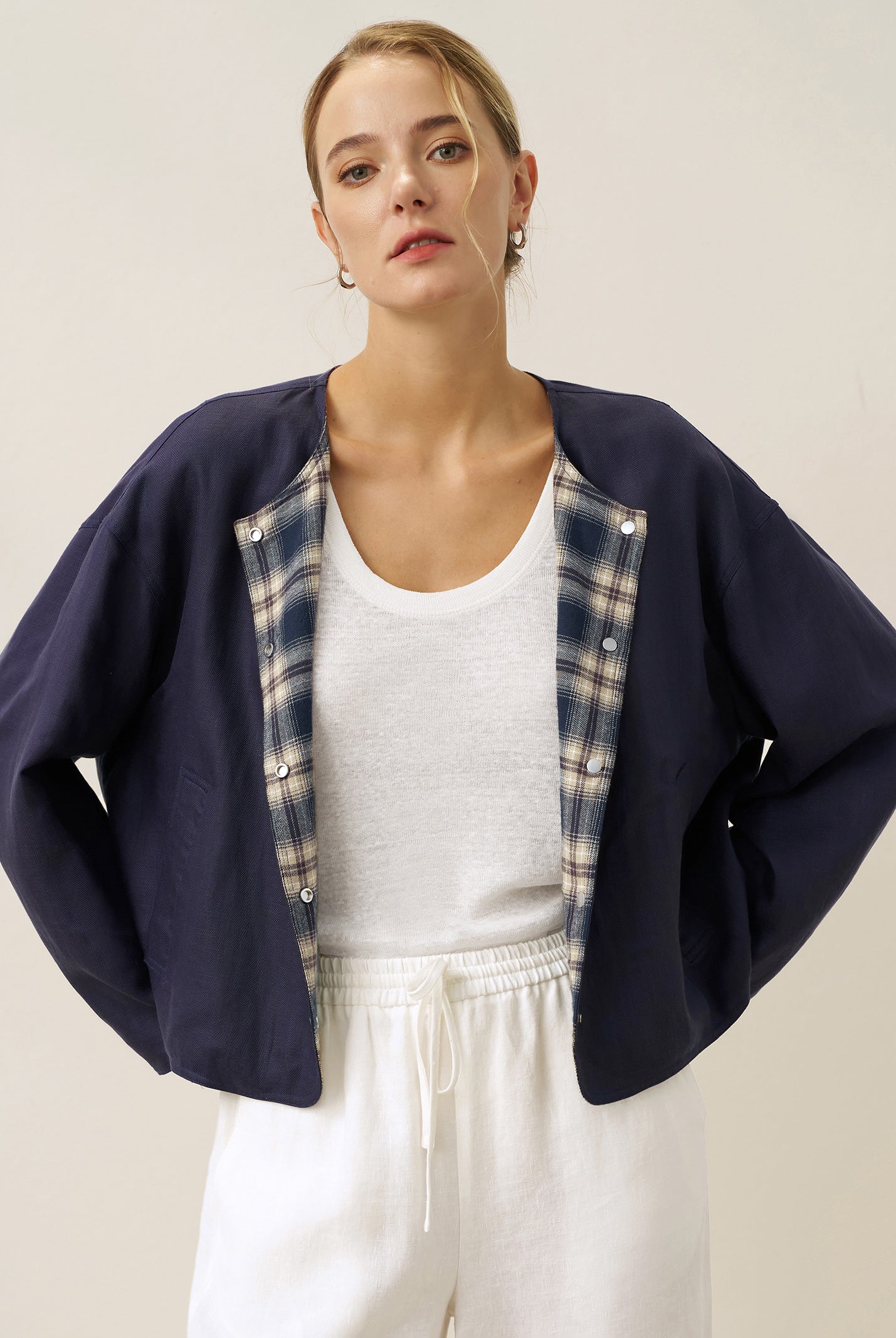 Tencel Linen Reversible Crew Neck Casual Jacket CHLOE by LINTICO for women
