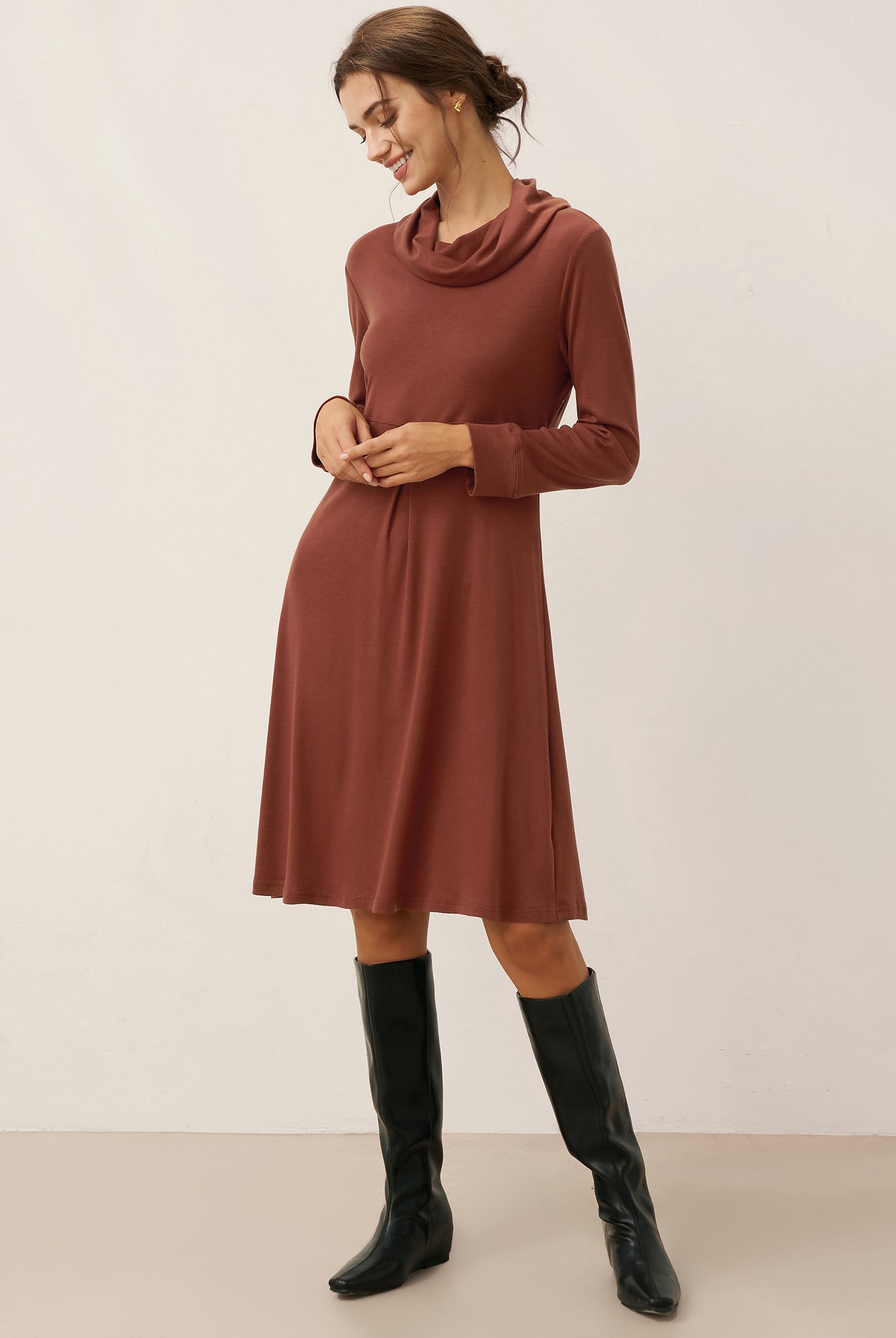 Lyocell Wool Draped Neck Stretch Mini Dress KIRA by LINTICO for women