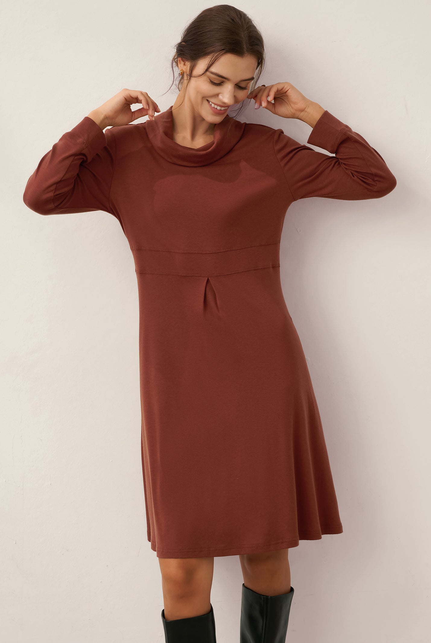 Lyocell Wool Draped Neck Stretch Mini Dress KIRA by LINTICO for women